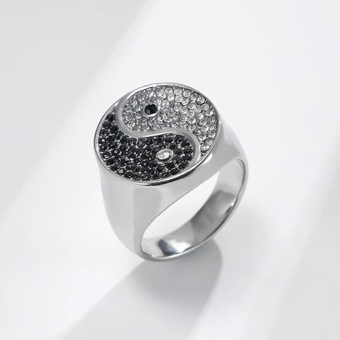 Vintage Tai Chi Yin Yang Ring Stainless Steel Polished Black White Rhinestone Inlaid Band Ring For Men Women Fashion Jewelry