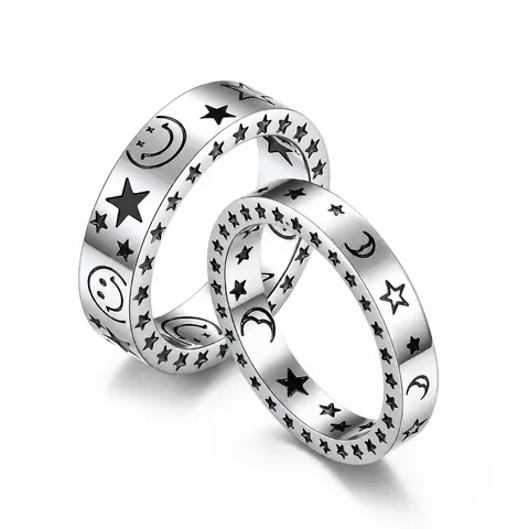 Anillo de Acero de Titanio de Estilo Japonés Con Cara Sonriente de Luna y Estrella para Hombre Mujer Pareja Joyería