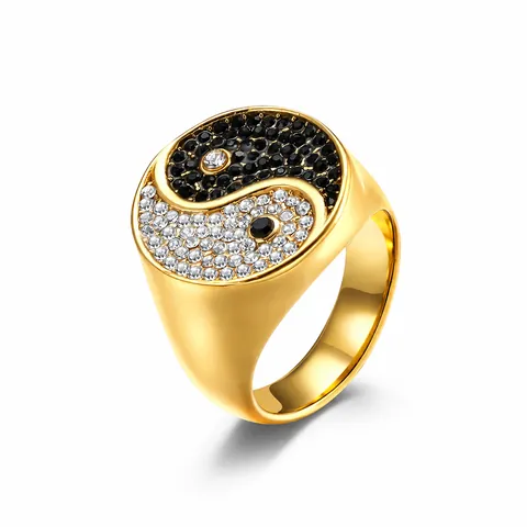 Vintage Tai Chi Yin Yang Ring Stainless Steel Polished Black White Rhinestone Inlaid Band Ring For Men Women Fashion Jewelry