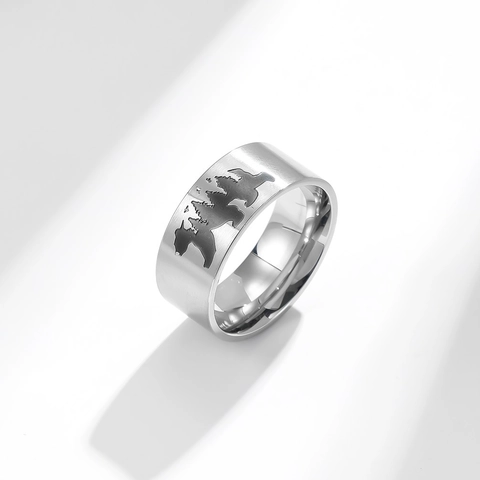 Stainless Steel Ring Polar Bear Forest World Map Silhouette Wide Band For Men Women Outdoor Travel Style Jewelry Gift Accessory