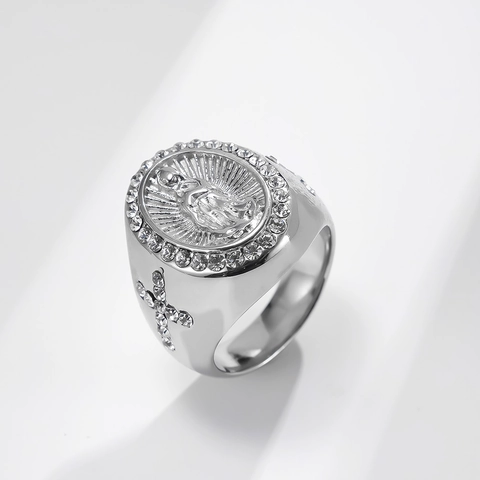 Vintage Edelstahl Jungfrau Maria Ring Für Herren Religiöses Kreuz Strass Eingelegt Gold Silber Hip Hop Siegelring Schmuck