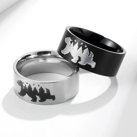 Stainless Steel Ring Polar Bear Forest World Map Silhouette Wide Band For Men Women Outdoor Travel Style Jewelry Gift Accessory