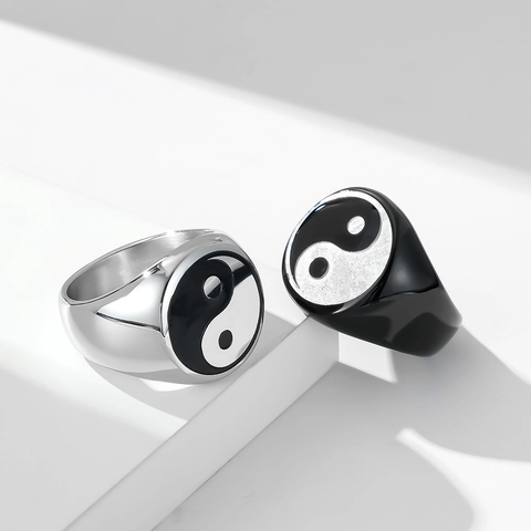 Vintage Stainless Steel Tai Chi Yin Yang Signet Ring For Men Women Polished Titanium Steel Punk Band Jewelry Ring Gift