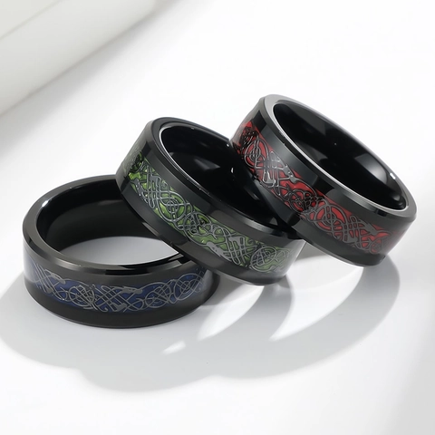 Vintage Men's Tungsten Steel Ring Celtic Dragon Pattern Carbon Fiber Inlay 8mm Comfort Fit Band Ring Masculine Jewelry