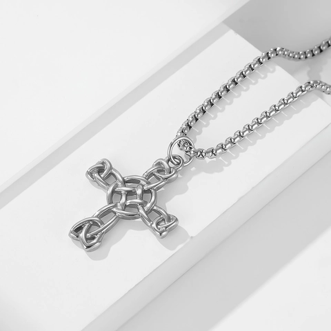 Nordic Celtic Knot Stainless Steel Cross Necklace Pendant For Men Women Retro Religious Jewelry Polished Finish Necklace