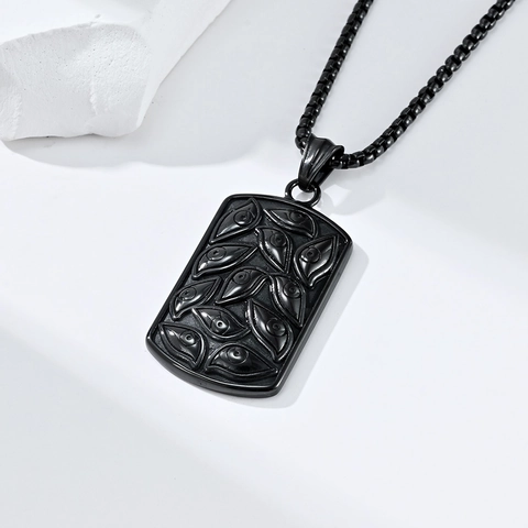 Retro Stainless Steel Devil Eye Rectangular Pendant Necklace Punk Gothic Embossed Eyes Tag Box Chain Jewelry For Men Women