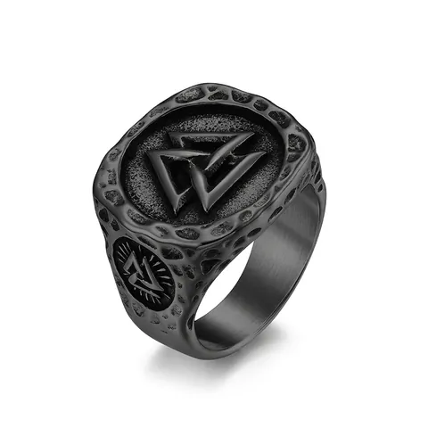 Anello Sigillo Viking Valknut Odin Triangolo da Uomo Retrò Mitologia Nordica Acciaio al Titanio Punk Biker Gioielli da Dito Regalo