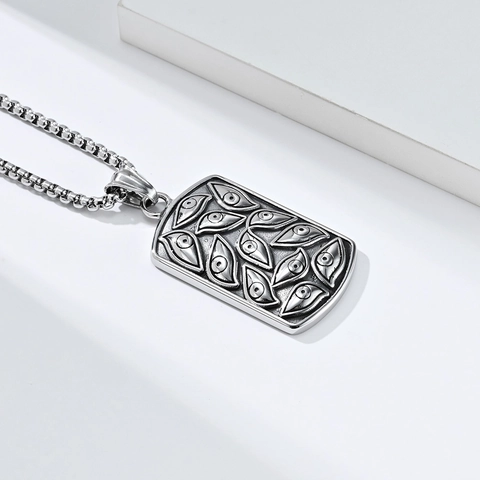 Retro Stainless Steel Devil Eye Rectangular Pendant Necklace Punk Gothic Embossed Eyes Tag Box Chain Jewelry For Men Women