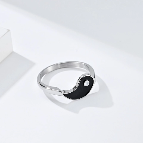 Stainless Steel Yin Yang Tai Chi Ring For Men Women Polished Chinese Style Enamel Band Ring Vintage Jewelry Gift