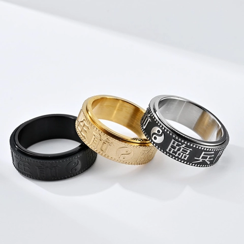 Anello Spinner in Acciaio al Titanio Vintage per Alleviare l'Ansia Mantra Cinesi a Nove Sillabe Tai Chi Yin Yang Anello Rotante Unisex Gioielli