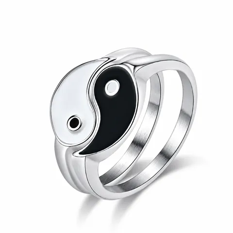 Stainless Steel Yin Yang Tai Chi Ring For Men Women Polished Chinese Style Enamel Band Ring Vintage Jewelry Gift