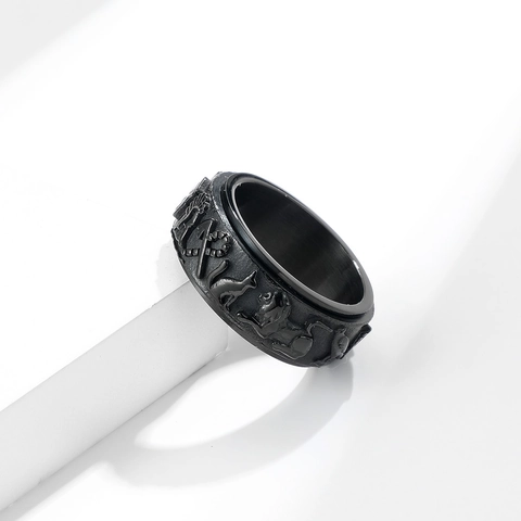 Vintage Ancient Egyptian Symbols Stainless Steel Spinner Ring For Men Women Ankh Scarab Relief Rotatable Stress Relief Jewelry Band Ring