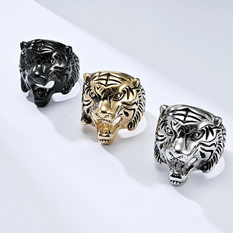 Domineering Stainless Steel Tiger Head Ring For Men Retro Punk Animal Carved Biker Finger Ring Jewelry Gift