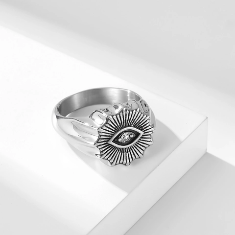 Retro Stainless Steel Evil Eye Ring For Men Zirconia Inlaid Sunburst Pattern Punk Gothic Band Ring Jewelry Gift
