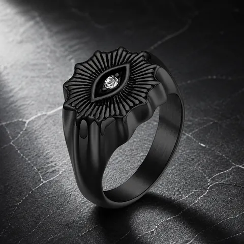 Retro Stainless Steel Evil Eye Ring For Men Zirconia Inlaid Sunburst Pattern Punk Gothic Band Ring Jewelry Gift