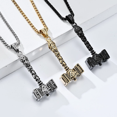 Stainless Steel Viking Thor's Hammer Necklace For Men Retro Odin Valknut Pendant Nordic Mythology Style Polished Jewelry