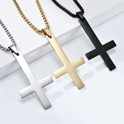 Stainless Steel Inverted Cross Necklace For Men Gothic Punk St Peter Pope Pendant Necklace Polished Jewelry Gift