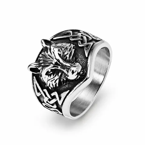 Vintage Nordic Viking Wolf Head Stainless Steel Ring Celtic Knot Punk Gothic Biker Finger Jewelry For Men Biker Ring