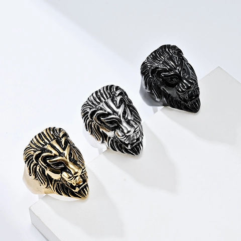Vintage Stainless Steel Lion Head Ring For Men Punk Dominant Animal Signet Ring Retro Gold Silver Black Fashion Jewelry