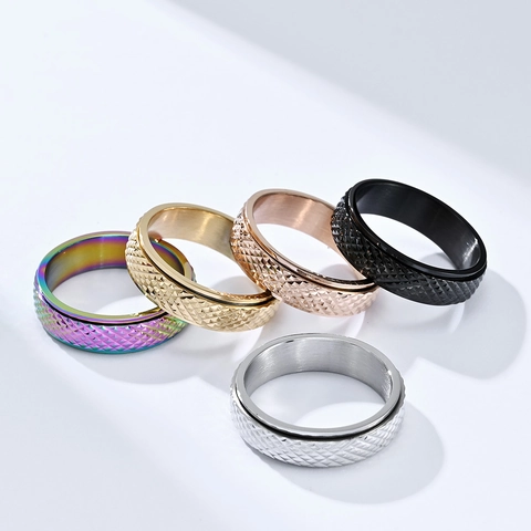 Titanium Steel Rotatable Spinner Ring For Men Women Pyramid Diamond Cut Pattern Stress Relief Industrial Fashion Band Ring