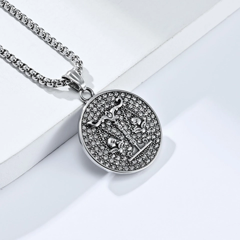 Hip Hop Stainless Steel 18K Gold Plated Twelve Constellations Round Pendant Rhinestone Pave Zodiac Coin Pendant Jewelry Gift