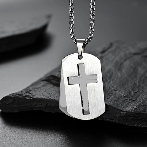Stainless Steel Double Layer Hollow Cross Dog Tag Pendant Necklace Brushed Bible Verse Scripture Religious Jewelry For Men