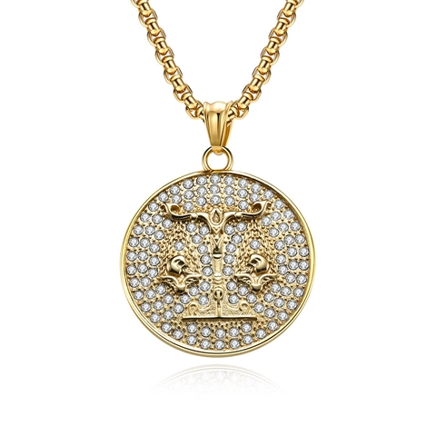 Hip Hop Stainless Steel 18K Gold Plated Twelve Constellations Round Pendant Rhinestone Pave Zodiac Coin Pendant Jewelry Gift