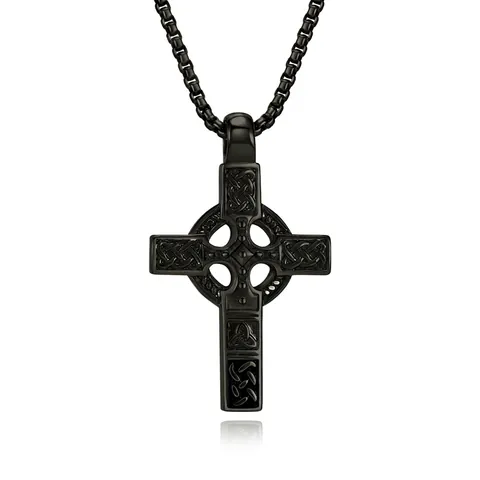 Vintage Stainless Steel Celtic Knot Cross Pendant Necklace For Men Retro Religious Viking Jewelry Gold Black Steel Color