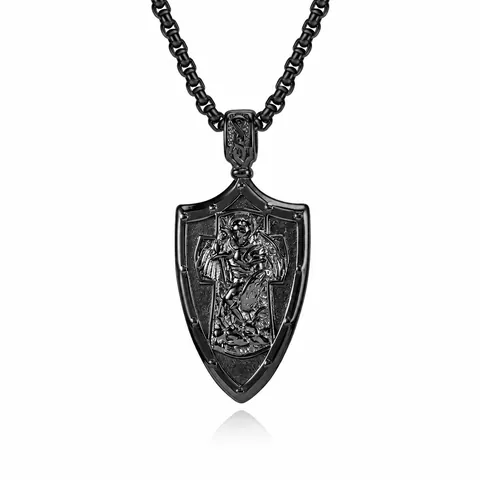 Collar con Colgante de Escudo de Arcángel San Miguel de Acero Inoxidable Vintage Religioso Ángel Cruz en Relieve para Hombres Mujeres Joyería