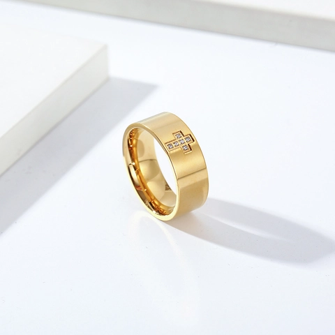 Stainless Steel Cross Ring For Men Women Hip Hop Punk Inlaid Rhinestone Wide Band Geometric Fashion Finger Jewelry Gift