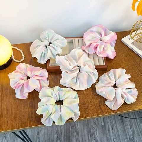 Coleteros Grandes a Cuadros Dulces Franceses Color Caramelo Tela de Crepé con Burbujas Gomas de Pelo Elásticas Mujer Joyería