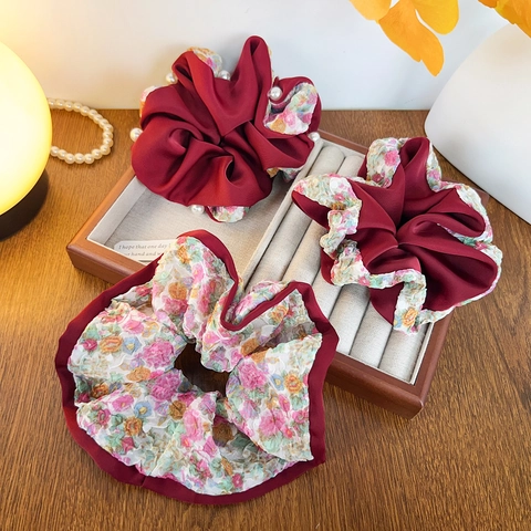 Elastici per Capelli Vintage con Stampa Floreale Donna Tessuto Rosso Vino Porta Coda di Cavallo con Perla Artificiale