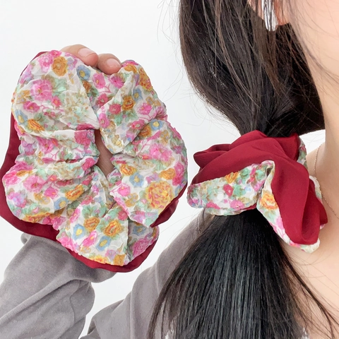 Elastici per Capelli Vintage con Stampa Floreale Donna Tessuto Rosso Vino Porta Coda di Cavallo con Perla Artificiale