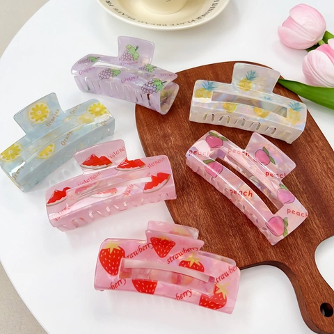 Pinza per Capelli Rettangolare con Motivo Frutta in PVC Traslucido Clip Grande Stampa Fragola Anguria per Donna