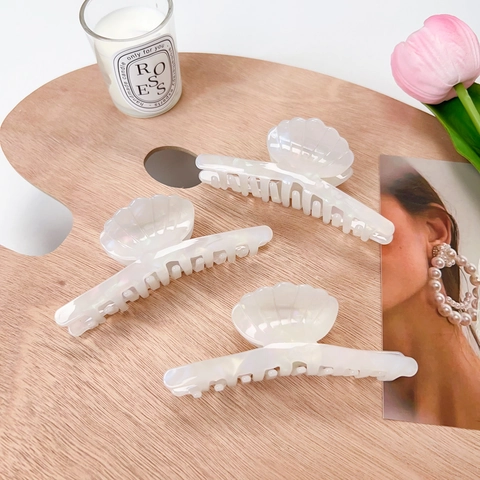 Pinza Para El Pelo De Concha De Acetato Grande Irisada Nacarada Blanca Estilo Sirena Elegante Pinza Antideslizante Para Mujer Accesorios