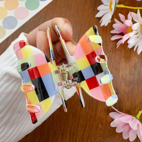 Colorful Checkered Butterfly Hair Claw Clip PVC Acrylic Mosaic Grid Shark Clip For Women Fashion Hair Styling Accessory