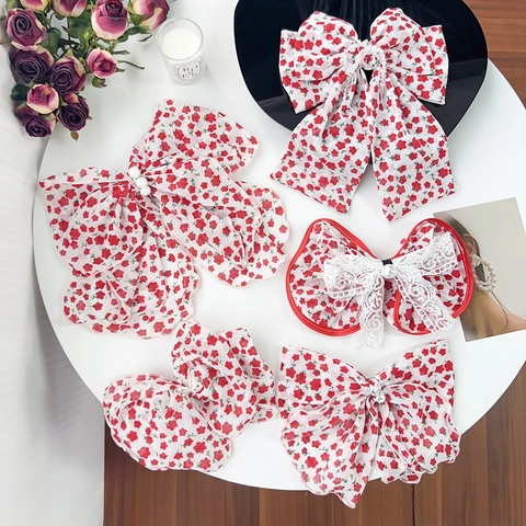 Handmade Floral Print Oversized Bow Scrunchie Sweet Fabric Hair Tie With Artificial Pearl Rhinestone Lace Ribbon For Women