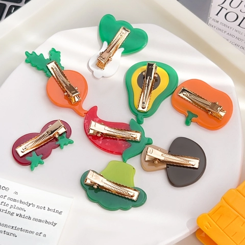 Handmade Cute Acetate Vegetable Fruit Hair Clips For Women Girls Colorful Cabbage Tomato Chili Carrot Pumpkin Avocado Broccoli Shape Duckbill Side Clips Hair Accessories