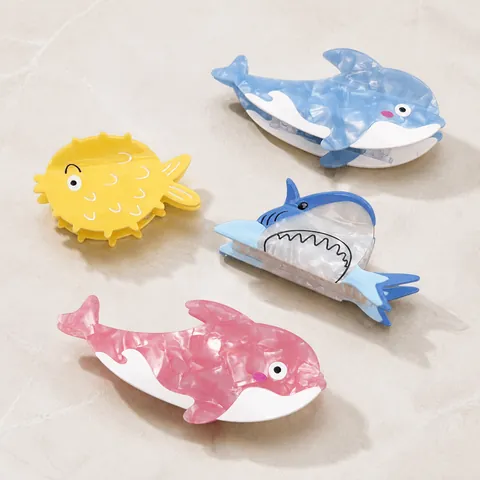 Cartoon Ocean Animal Acetate Hair Claw Clips Shark Dolphin Pufferfish Shape Patchwork Hair Accessories For Women Girls Cute Fashion Hairpins