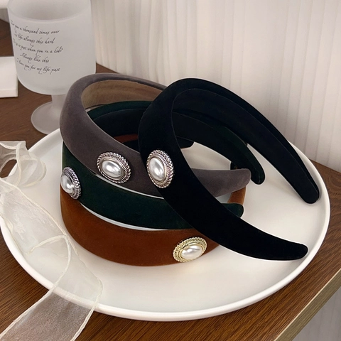 Diadema Acolchada de Terciopelo Vintage Con Perla Artificial de Imitación Diadema Ancha Elegante para Mujer Estilo Francés Accesorio de Pelo
