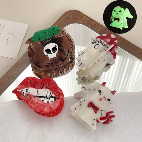 Halloween Acetate Hair Claw Clips For Women Glow In The Dark Ghost Skeleton Lips Devil Cat Funny Novelty Hair Accessories