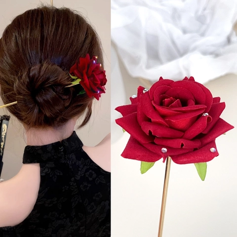 Bastoncino per Capelli con Rosa Rossa Vintage Elegante Forcina per Capelli con Fiore in Velluto Oro Lega Strass Gioielli