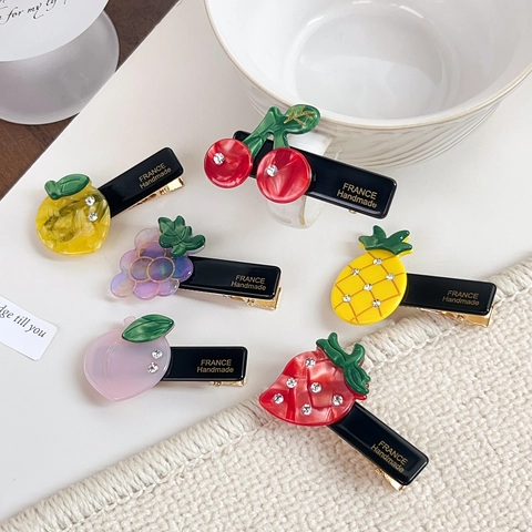Simpatica Pinza per Capelli in Acetato di Frutta per Donna Piccola Ananas Fragola Ciliegia Uva Strass Fatto a Mano