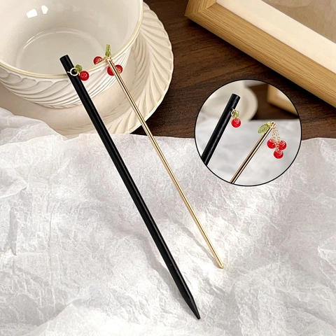 Vintage Cherry Hair Stick For Women Hanfu Accessory Alloy Resin Fruit Pendant Hairpin Retro Style Wood Look Hair Styling Tool Jewelry