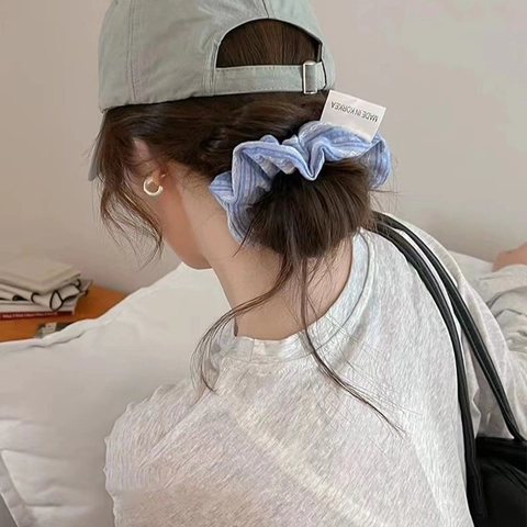 French Vintage Blue Sea Salt Striped Scrunchie Handmade Fabric Hair Tie Elastic Hair Band Fashion Headwear For Women