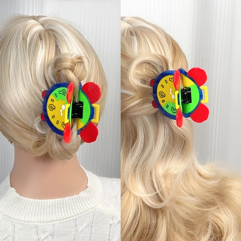 Creatieve Cartoon Wekker Vorm Acetaat Haarklem Voor Vrouwen Kleurrijke Pop Art Stijl Grote Haarspeld Accessoires Sieraden