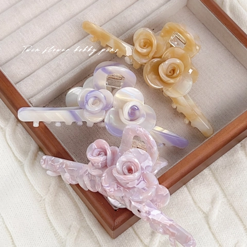 Vintage French Acetate Rose Flower Hair Claw Clip Large Marble Texture Elegant Floral Hair Jaw Clamp For Women Daily Styling