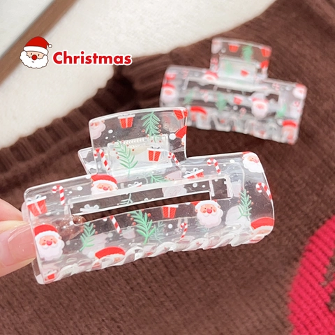 Christmas Transparent Acrylic Hair Claw Clip Santa Claus Christmas Tree Print Rectangular Shark Clip Festive Hair Accessories For Women