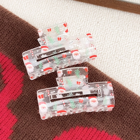 Christmas Transparent Acrylic Hair Claw Clip Santa Claus Christmas Tree Print Rectangular Shark Clip Festive Hair Accessories For Women
