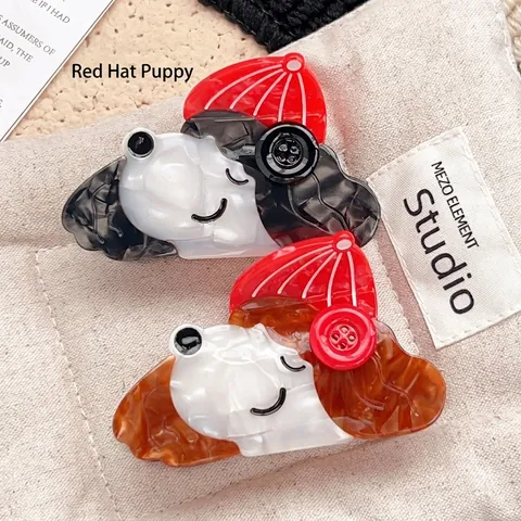 Süße Cartoon Hund Haarkralle Aus Celluloseacetat Mit Rotem Hut Und Knopf Dekor Marmorierte Textur Welpen Shark Clip Damen